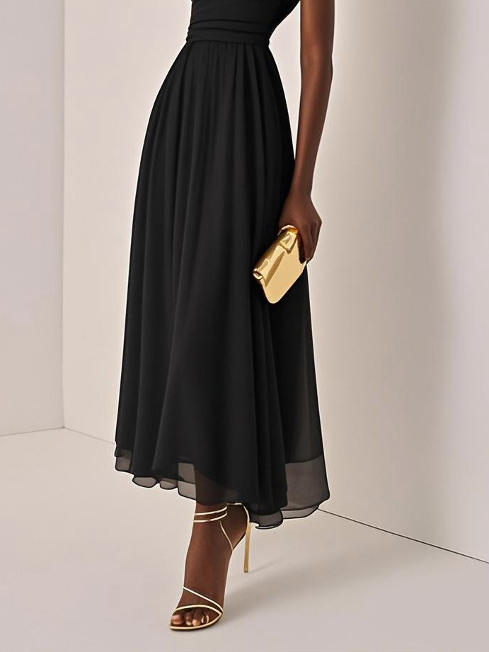 Light Blue Ruched Chiffon One Shoulder Sleeveless A-Line Maxi Dress