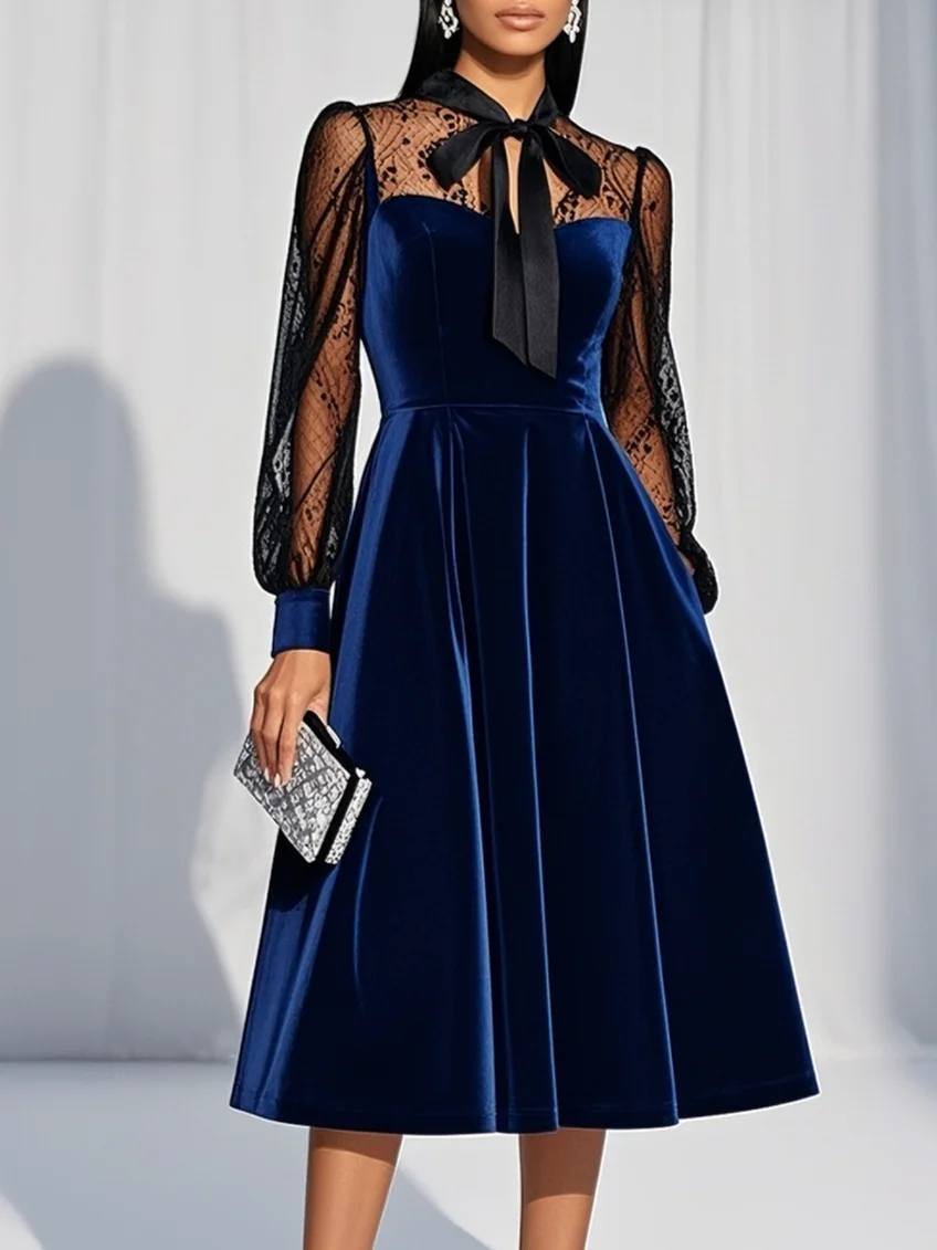 Blue Lace Bow Velvet Crew Neck Long Sleeve Balloon Sleeve A-Line Midi Dress