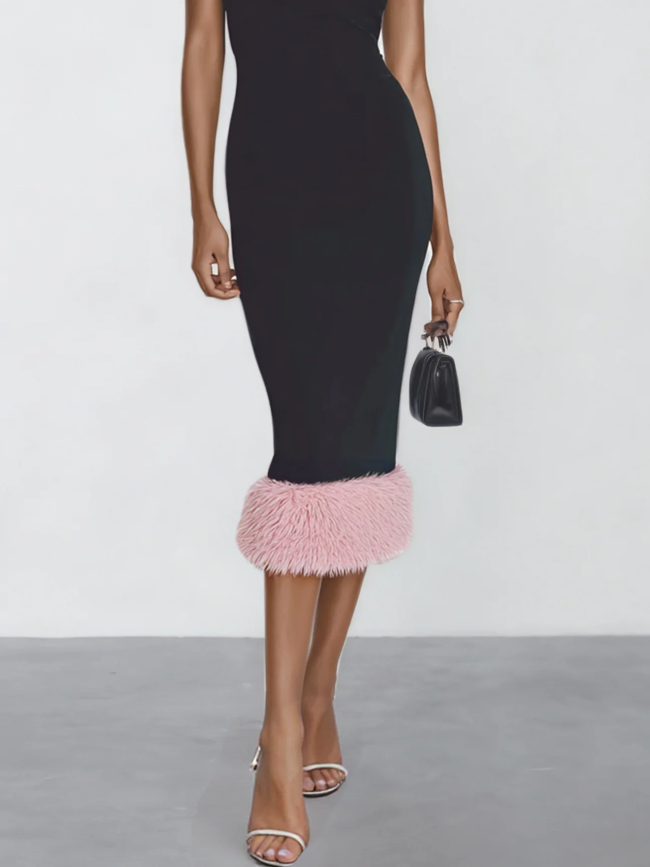 Black Split Joint Feather Classic V Neck Sleeveless Mermaid Midi Dress