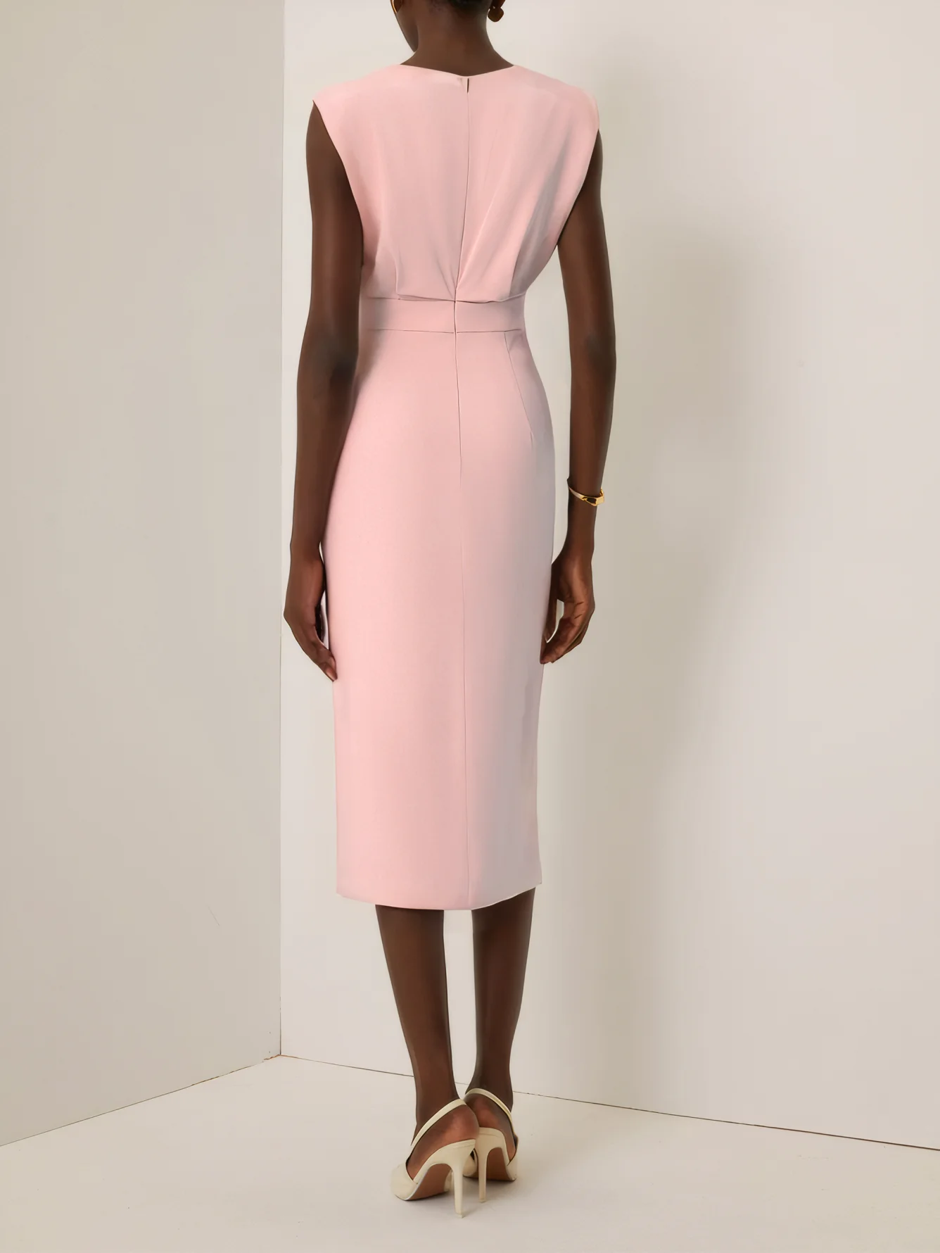 Off White Button Slit Crew Neck Sheath Midi Dress