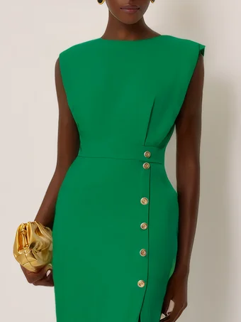 Light Blue Buckle Classic Crew Neck Sleeveless Sheath Midi Dress