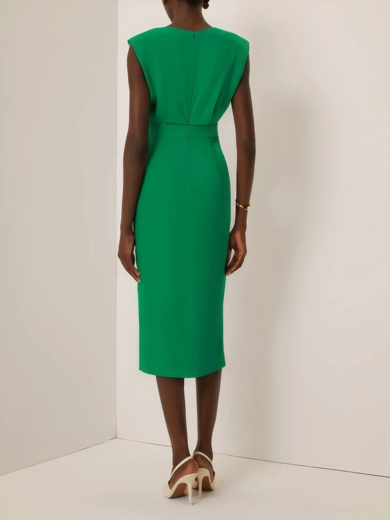 Off White Button Slit Crew Neck Sheath Midi Dress