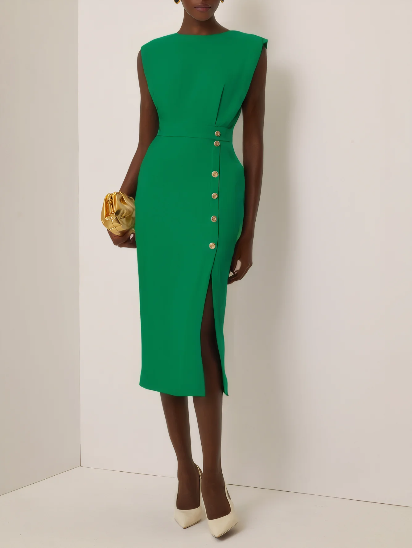 Off White Button Slit Crew Neck Sheath Midi Dress