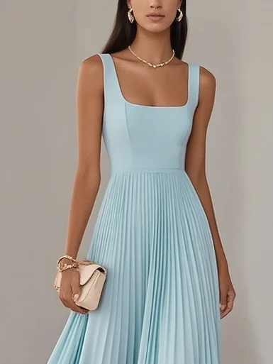 Light Blue Pleated  Square Neck Sleeveless A-Line Maxi Dress