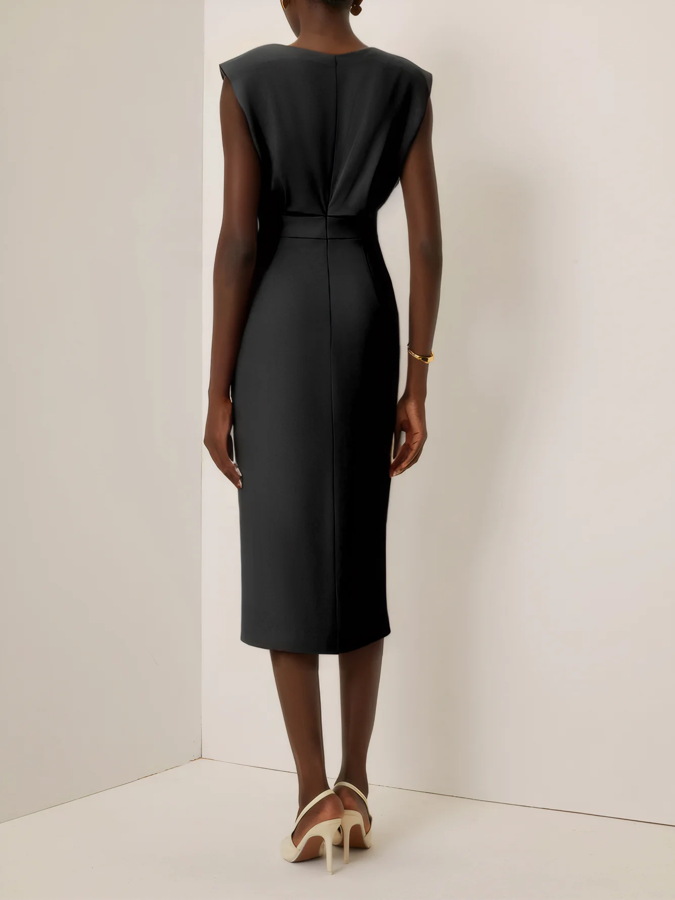 Off White Button Slit Crew Neck Sheath Midi Dress