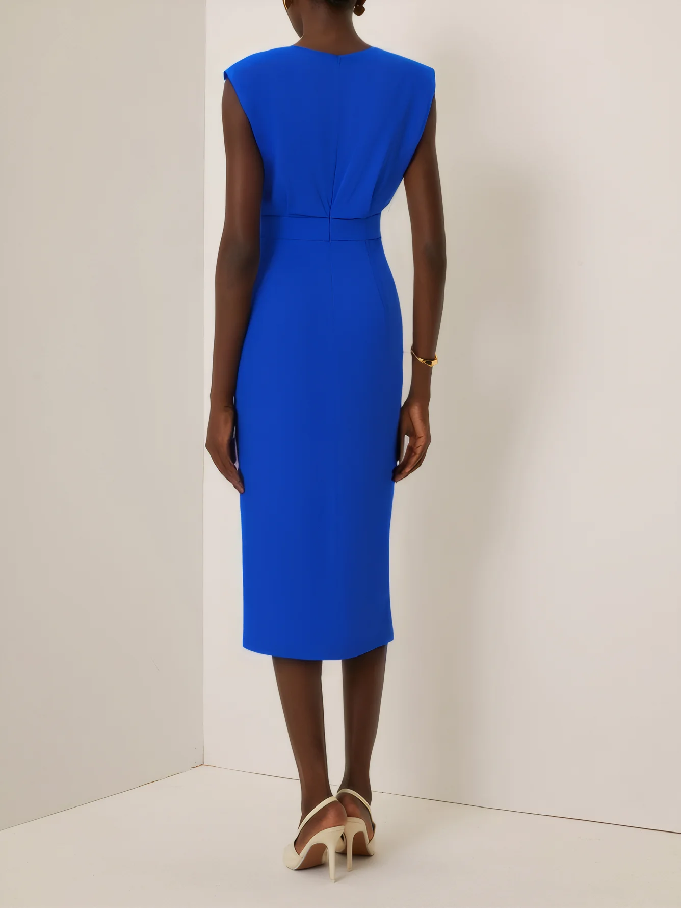 Off White Button Slit Crew Neck Sheath Midi Dress