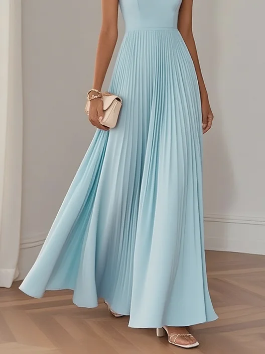 Light Blue Pleated  Square Neck Sleeveless A-Line Maxi Dress