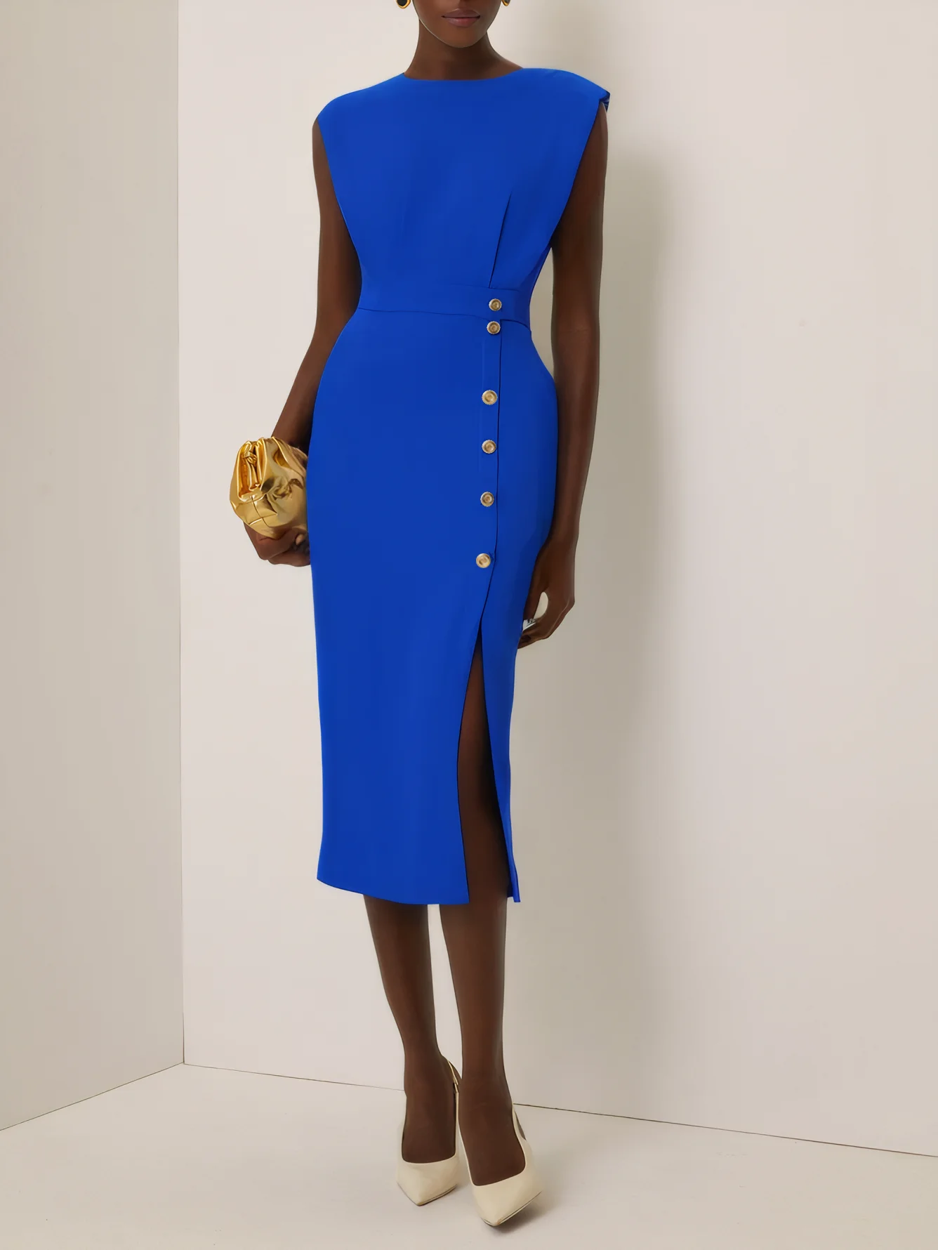 Off White Button Slit Crew Neck Sheath Midi Dress