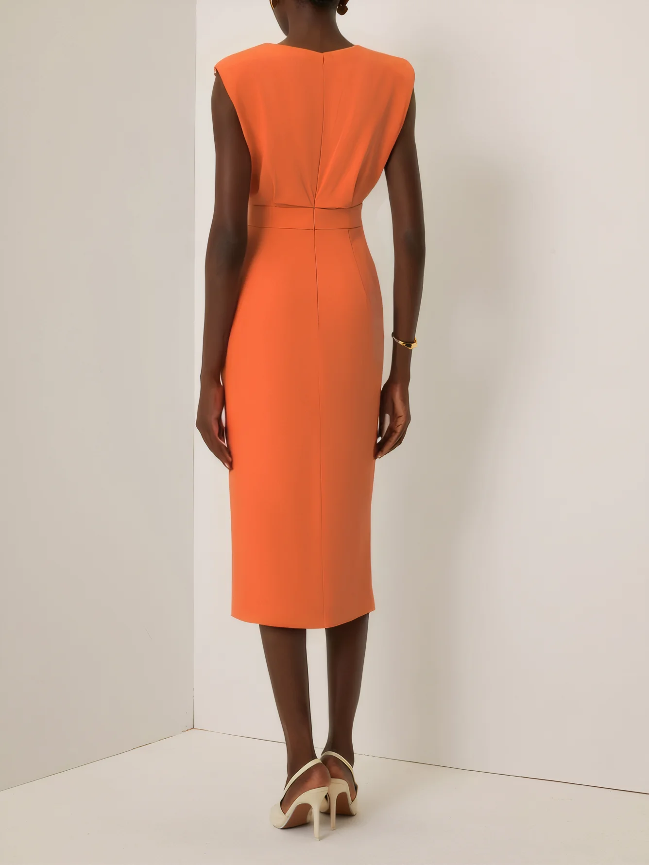 Off White Button Slit Crew Neck Sheath Midi Dress