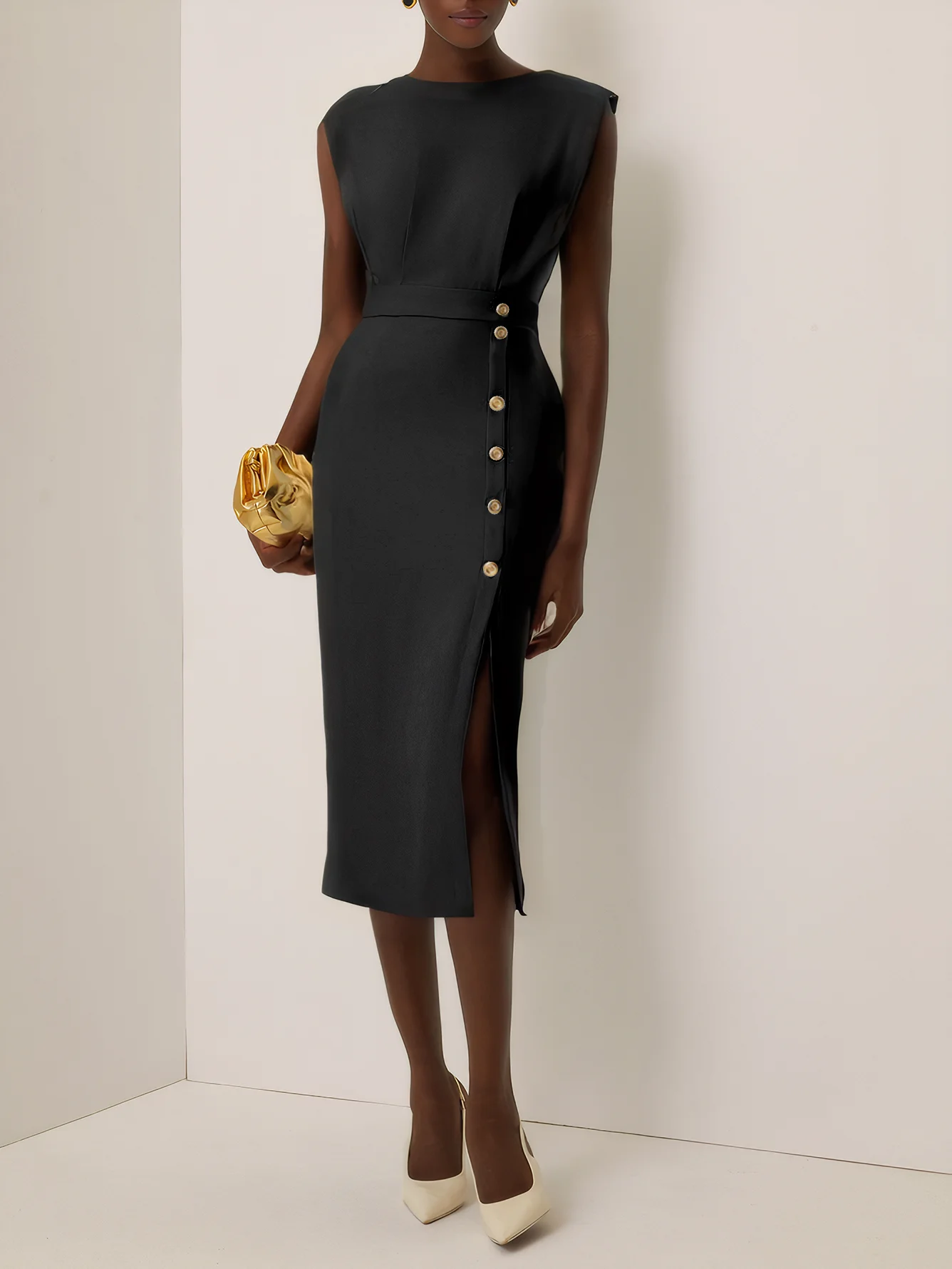 Off White Button Slit Crew Neck Sheath Midi Dress