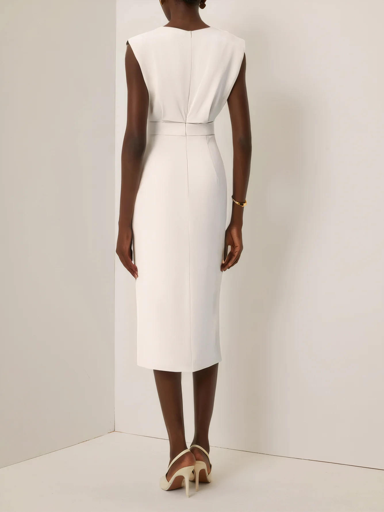 Off White Button Slit Crew Neck Sheath Midi Dress