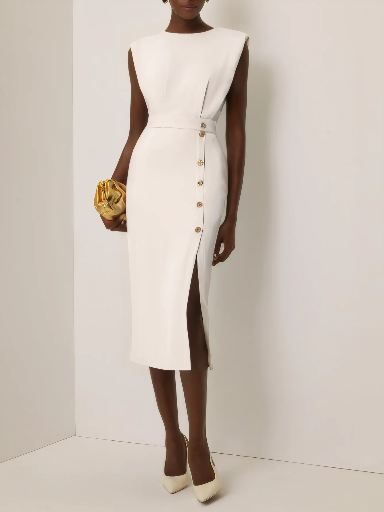 Off White Button Slit Crew Neck Sheath Midi Dress