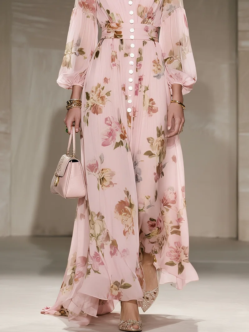 Pink Ruched Floral Chiffon V Neck Long Sleeve Balloon Sleeve A-Line Maxi Dress