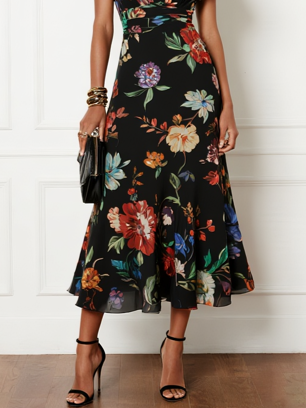 Black Floral Chiffon V Neck Short Sleeve Bell Sleeve A-Line Midi Dress