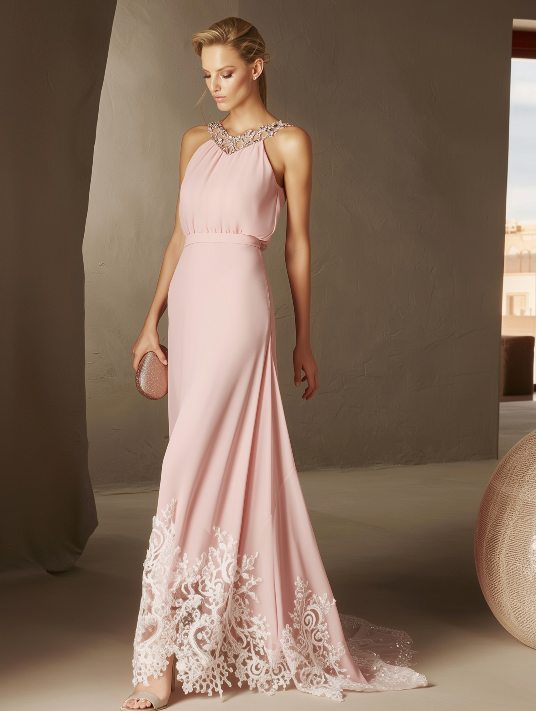 Pink Beaded Ruched Chiffon Halter Sleeveless A-Line Gown Dress