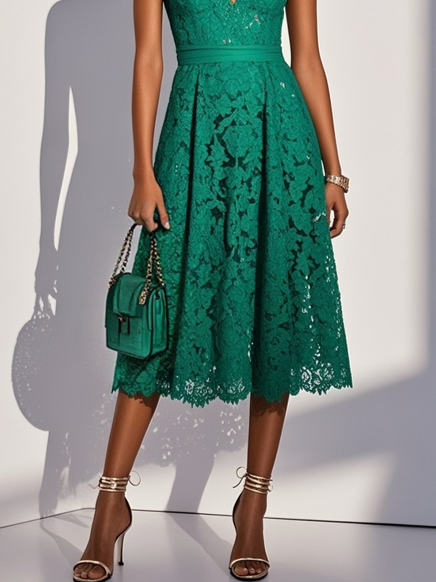 Green Lace V Neck Sleeveless A-Line Midi Dress