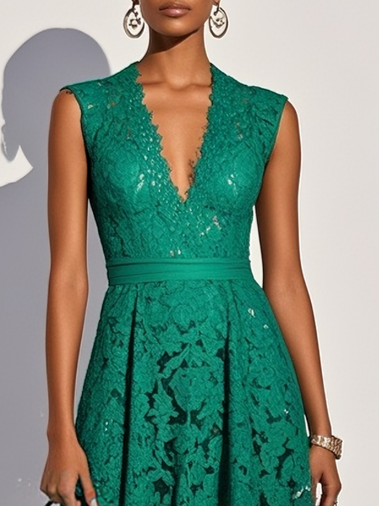 Green Lace V Neck Sleeveless A-Line Midi Dress