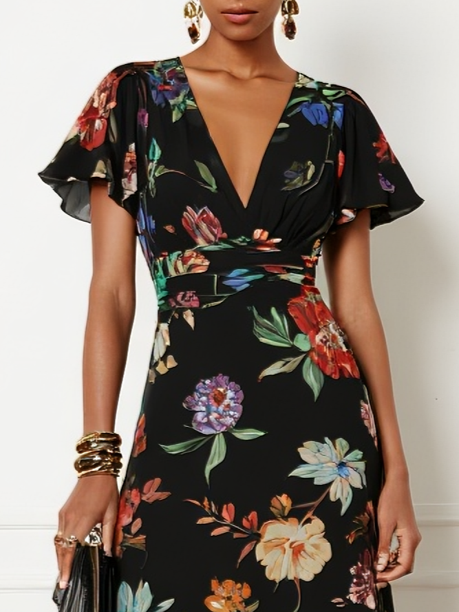 Black Floral Chiffon V Neck Short Sleeve Bell Sleeve A-Line Midi Dress