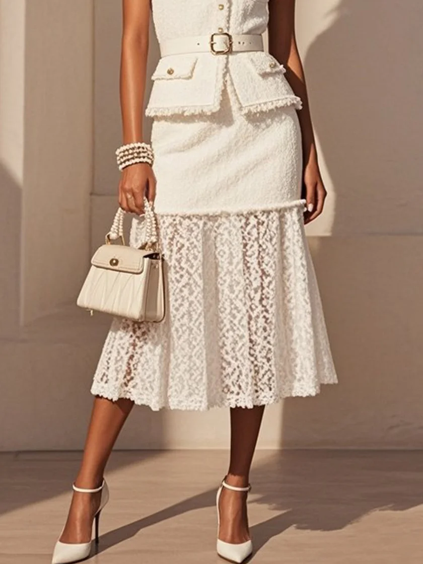 Women White Buckle Lace Crew Neck Sleeveless Dressy Coat With Skirt Two-Piece Set