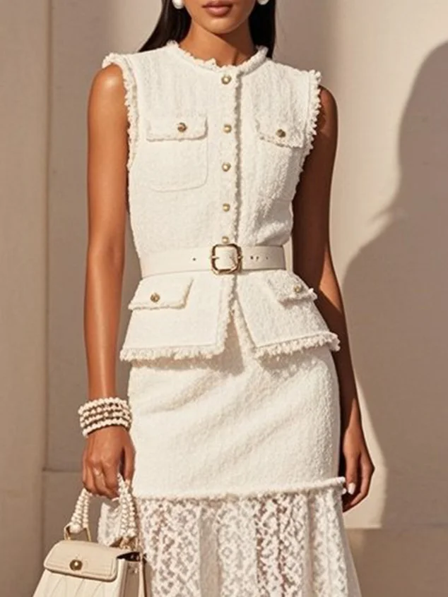 Women White Buckle Lace Crew Neck Sleeveless Dressy Coat With Skirt Two-Piece Set