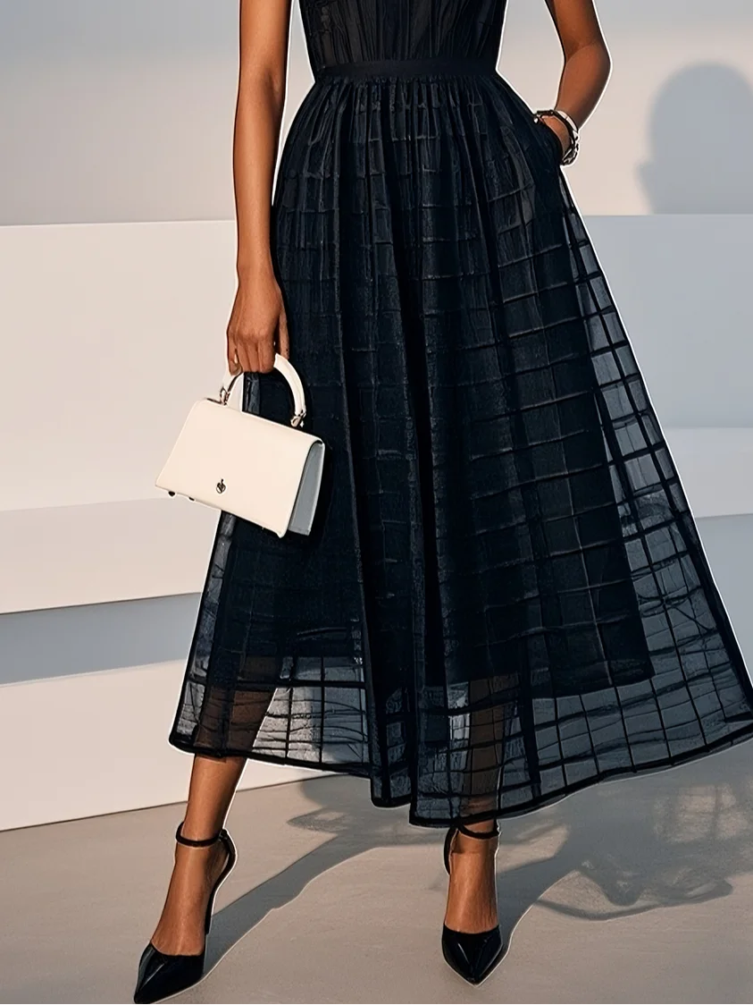 Black Classic Crew Neck Sleeveless A-Line Midi Dress