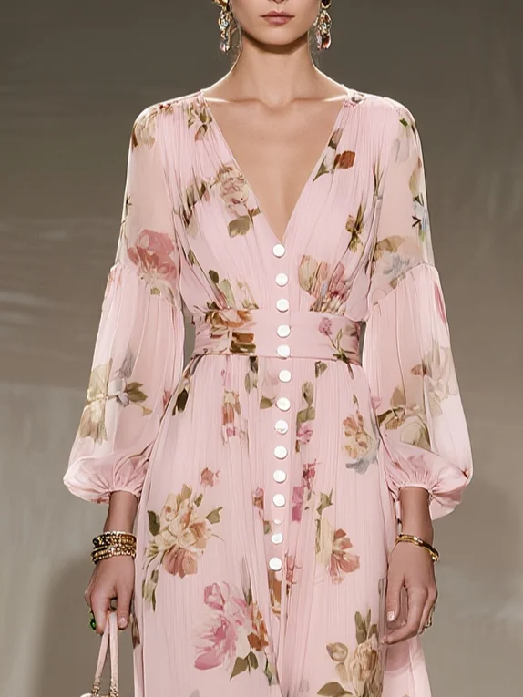Pink Ruched Floral Chiffon V Neck Long Sleeve Balloon Sleeve A-Line Maxi Dress