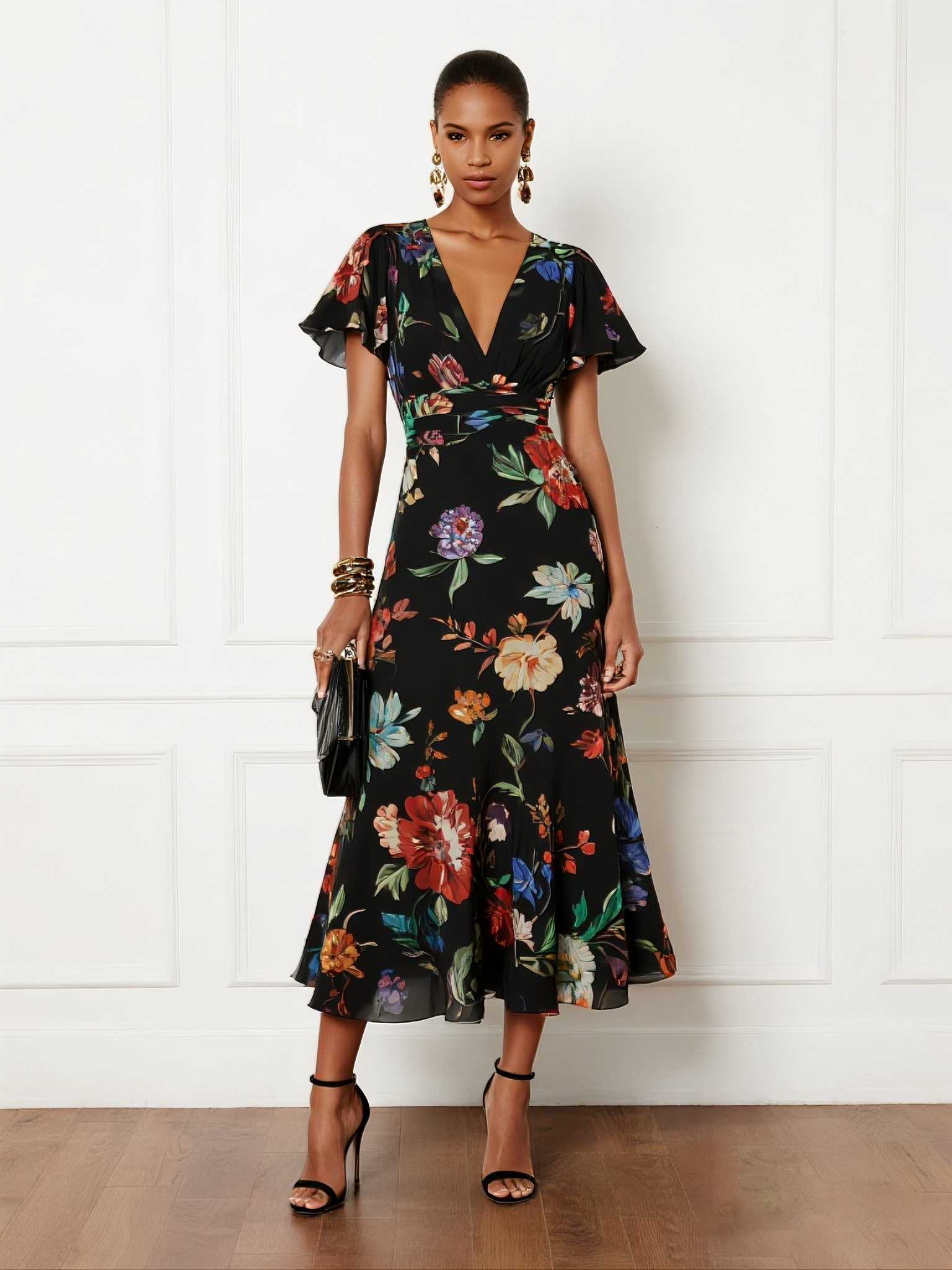 Black Floral Chiffon V Neck Short Sleeve Bell Sleeve A-Line Midi Dress