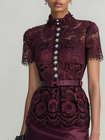 Wine Red Buckle Lace Classic Crew Neck Short Sleeve Mermaid Maxi Dress
