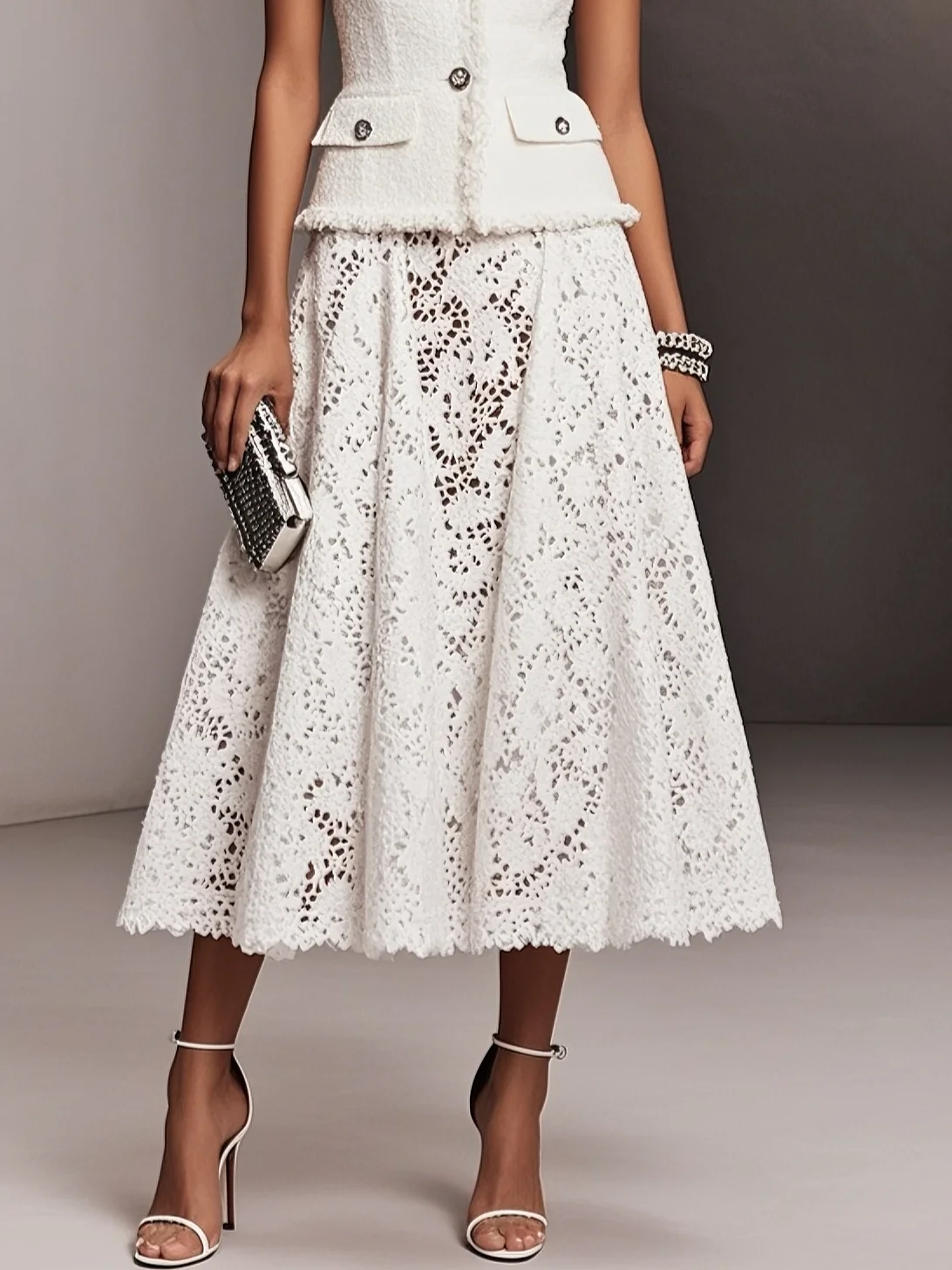 Women White Buckle Pocket Stitching Crew Neck Sleeveless Dressy Coat With Skirt Two-Piece Set