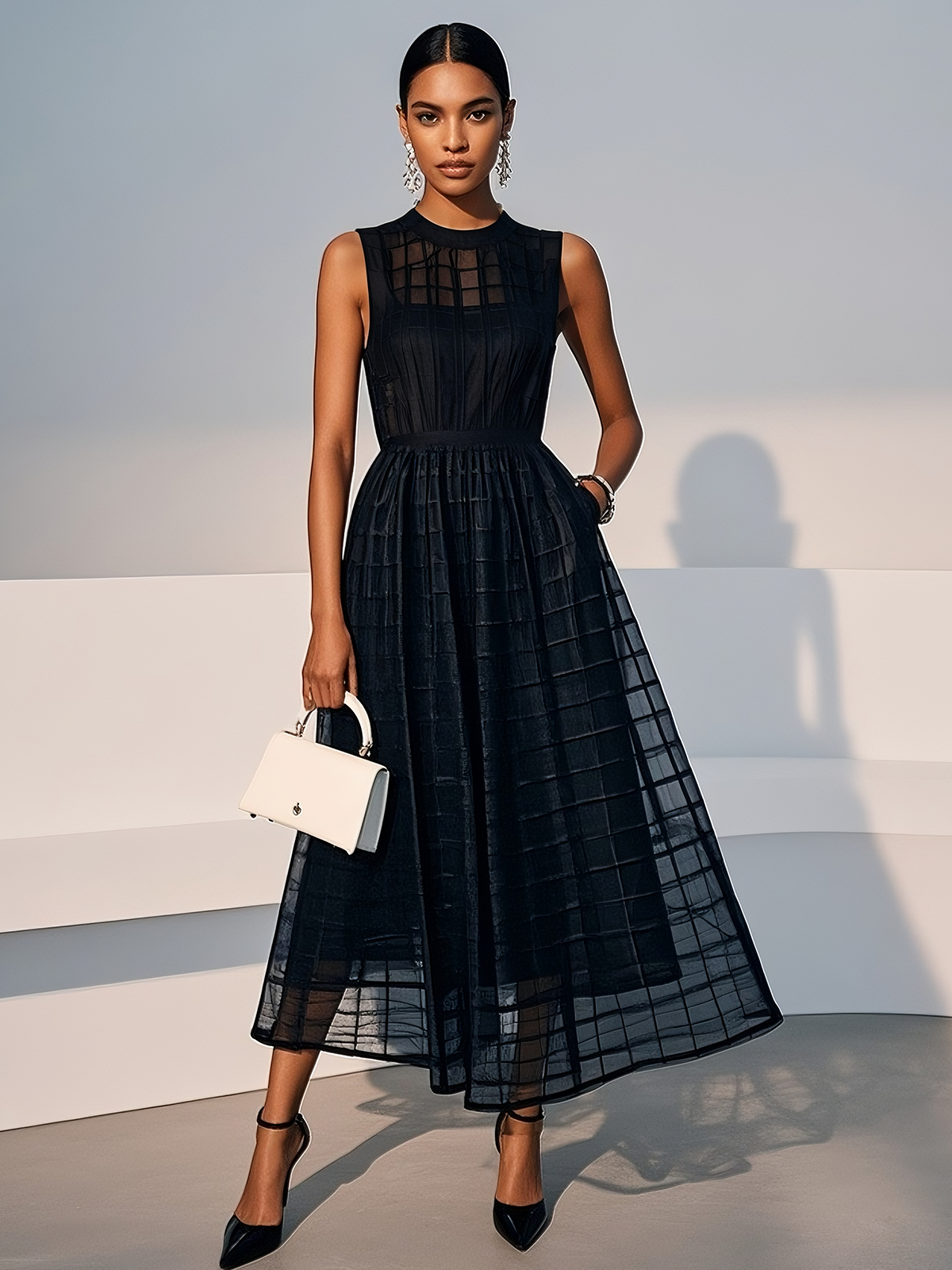 Black Organza Mesh Plaid Classic Crew Neck Sleeveless A-Line Midi Dress