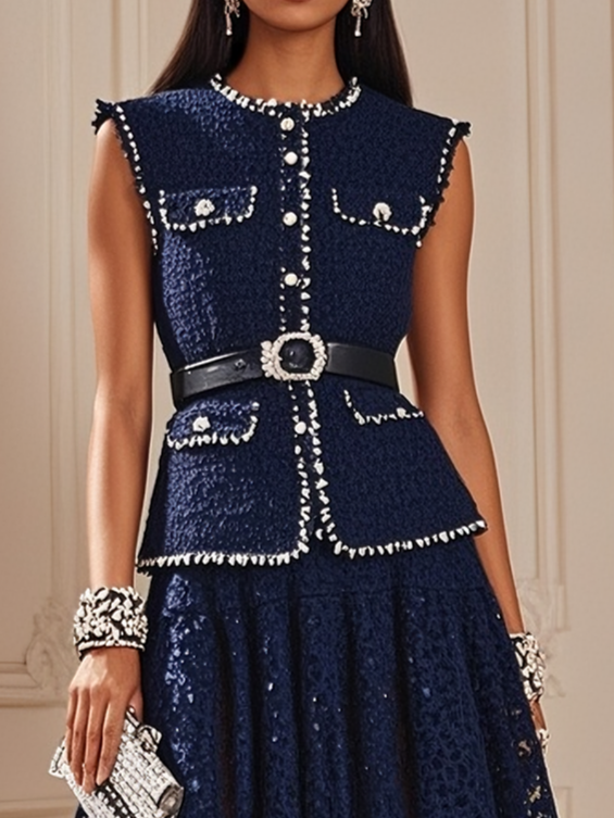 Women Tweed Purplish blue Piping Lace Crew Neck Sleeveless Dressy Coat With Skirt  Two-Piece Set