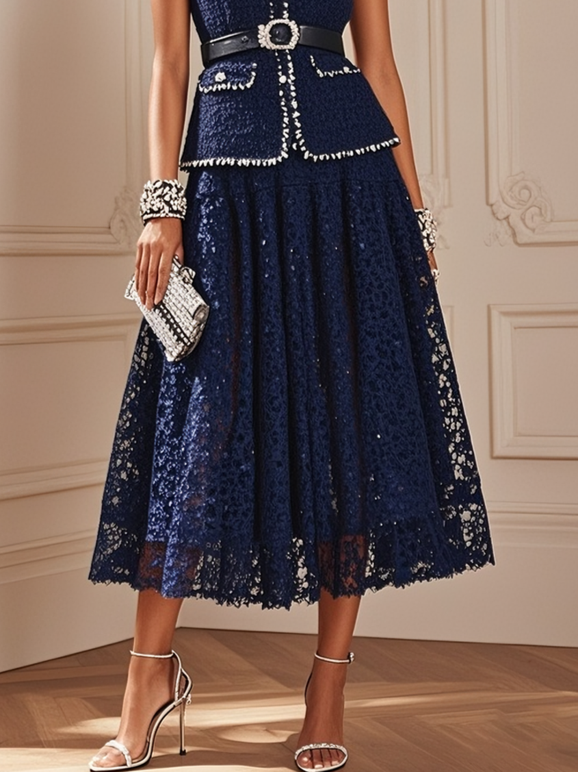 Women Tweed Purplish blue Piping Lace Crew Neck Sleeveless Dressy Coat With Skirt  Two-Piece Set