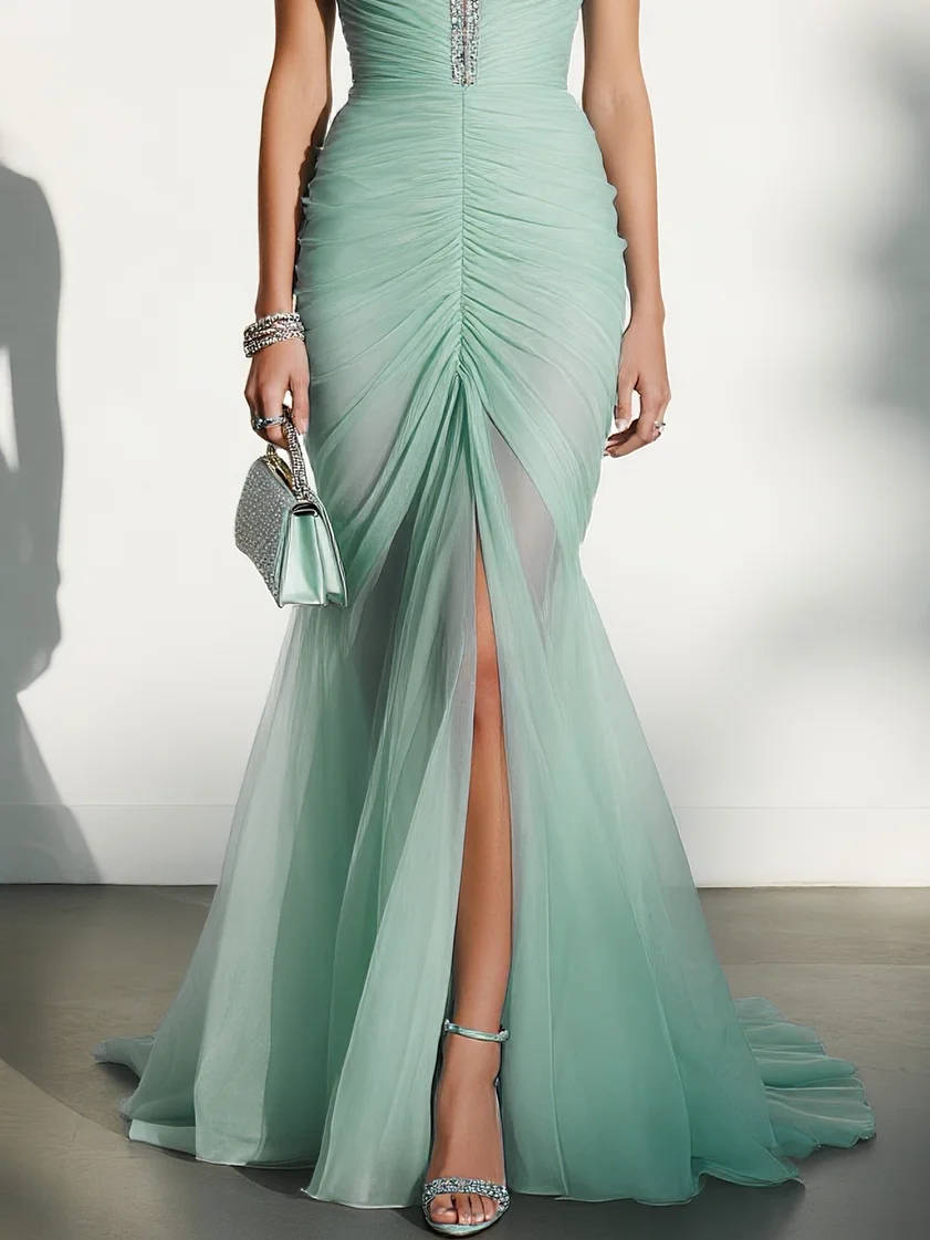 Lightgreen Rhinestone Ruched Chiffon Spaghetti Gallus Mermaid Gown Dress