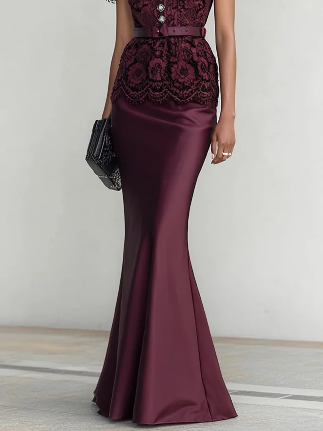 Wine Red Buckle Lace Classic Crew Neck Short Sleeve Mermaid Maxi Dress