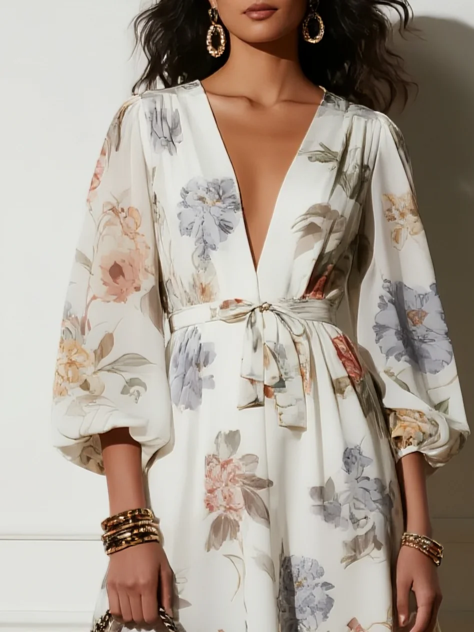 White Floral Chiffon V Neck Long Sleeve Balloon Sleeve A-Line Midi Dress