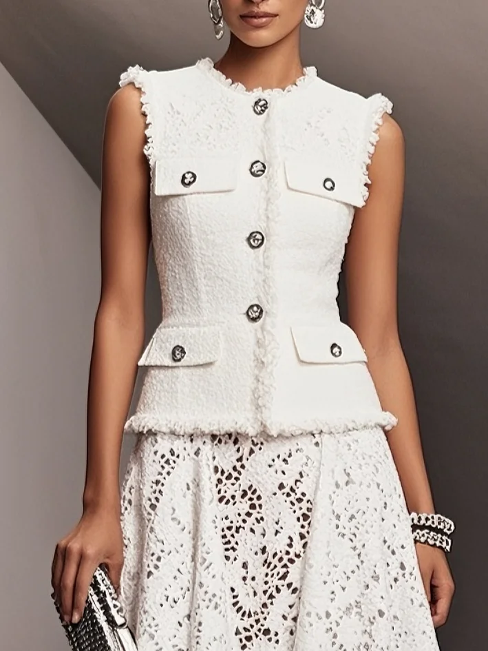 Women White Buckle Pocket Stitching Crew Neck Sleeveless Dressy Coat With Skirt Two-Piece Set