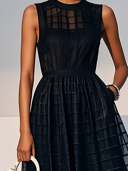 Black Classic Crew Neck Sleeveless A-Line Midi Dress