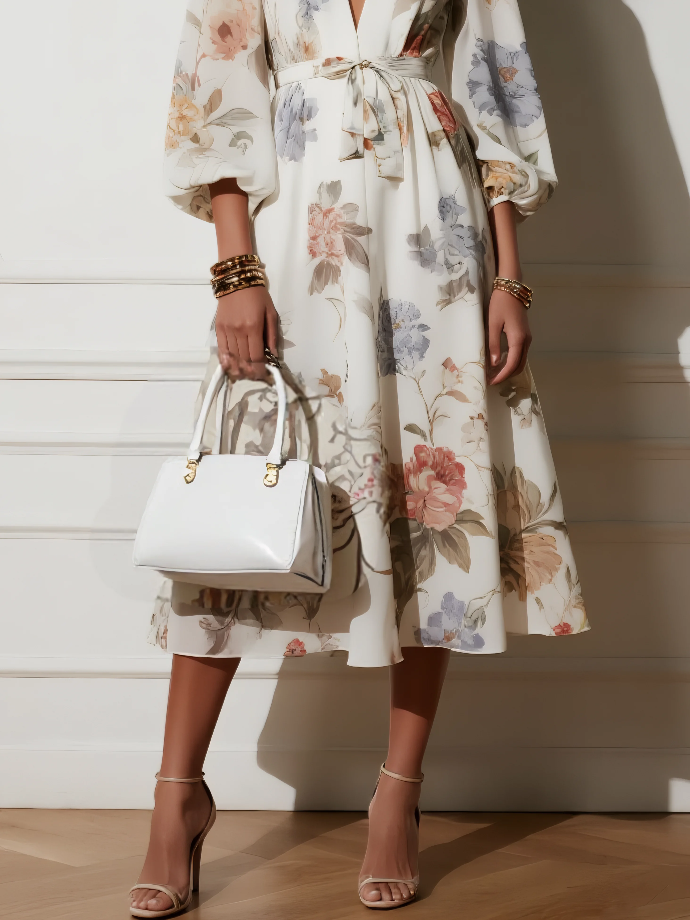 White Floral Chiffon V Neck Long Sleeve Balloon Sleeve A-Line Midi Dress