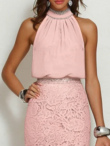 Pink Rhinestone Ruched Lace Crew Neck Sleeveless Mermaid Maxi Dress