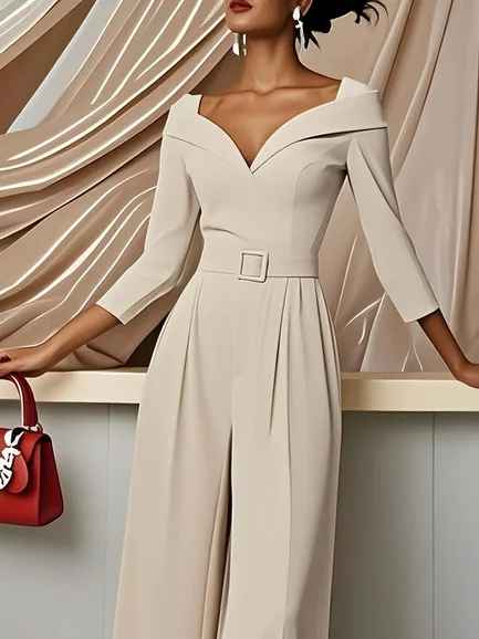 Women Beige Sweetheart Neckline Three Quarter Sleeve Dressy Jumpsuit