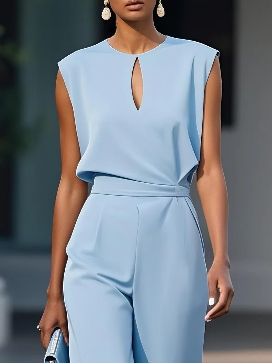 Women Light Blue Hollow Out Crew Neck Cap Sleeve Dressy Jumpsuit