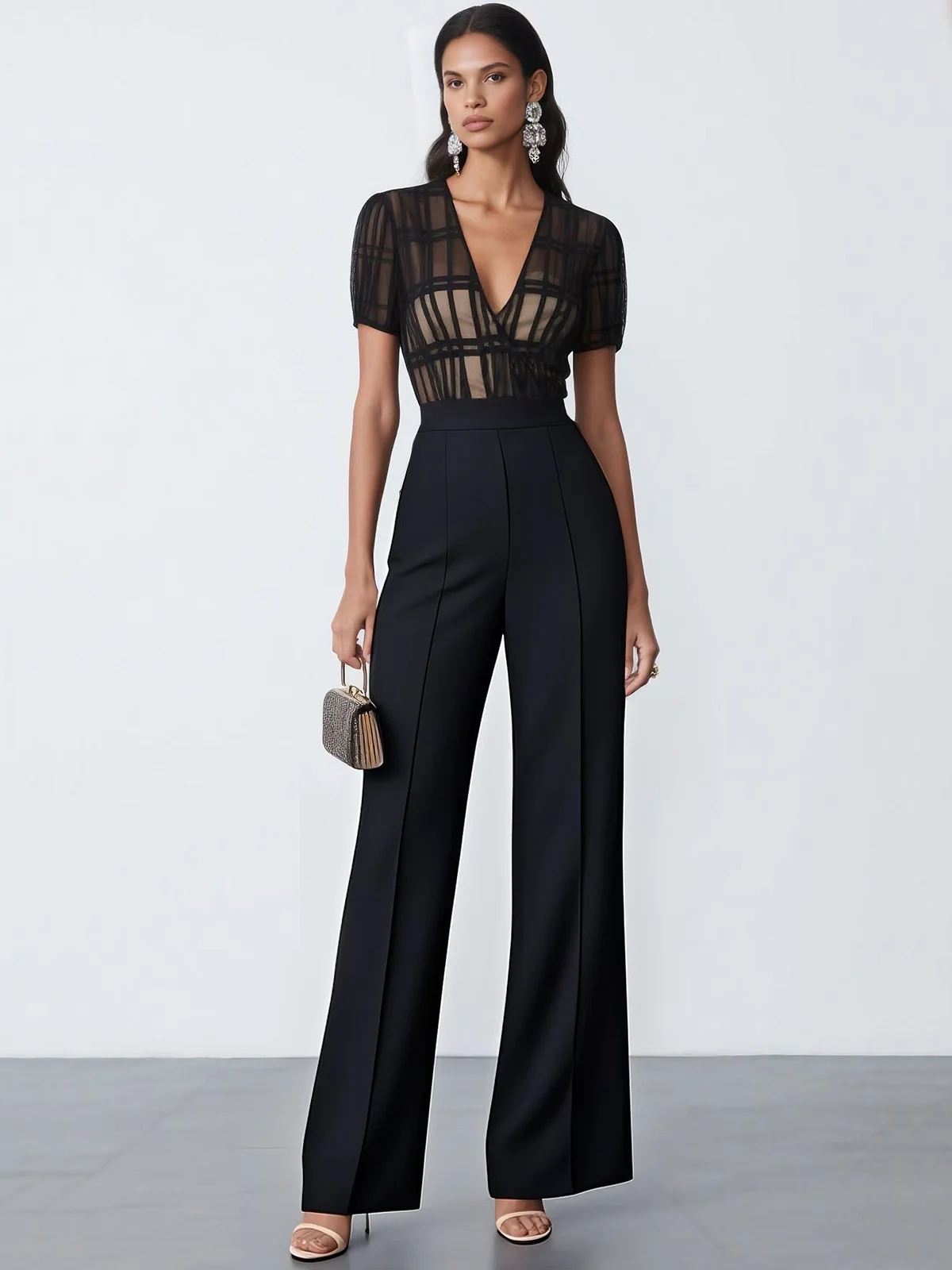 Women Black Organza V Neck Short Sleeve Dressy Jumpsuit
