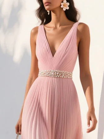 Pink Pleated Floral Deep V Neck A-Line Maxi Chiffon Dress