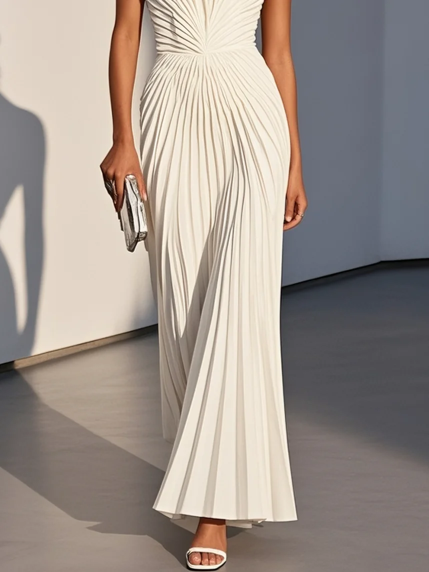 White Pleated Classic Strapless Sleeveless A-Line Maxi Dress