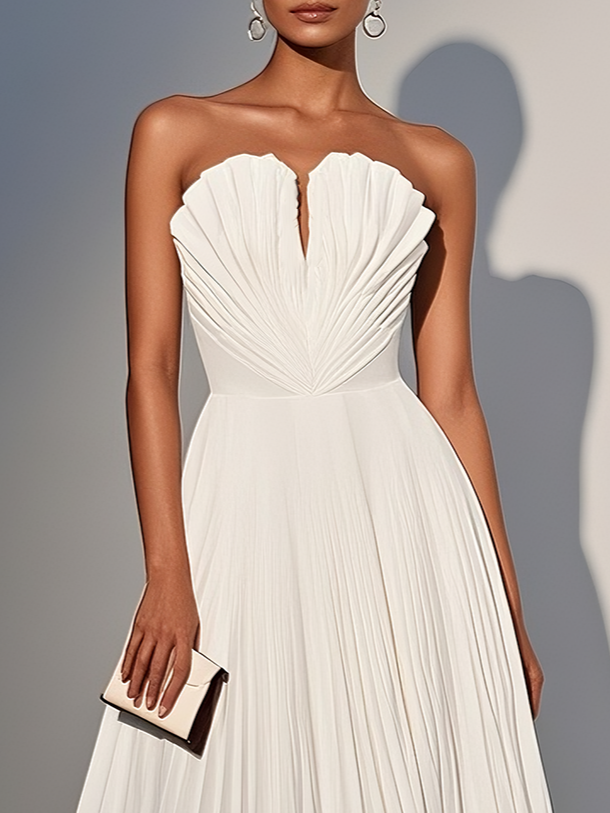 White Pleated Classic Strapless Sleeveless A-Line Midi Dress