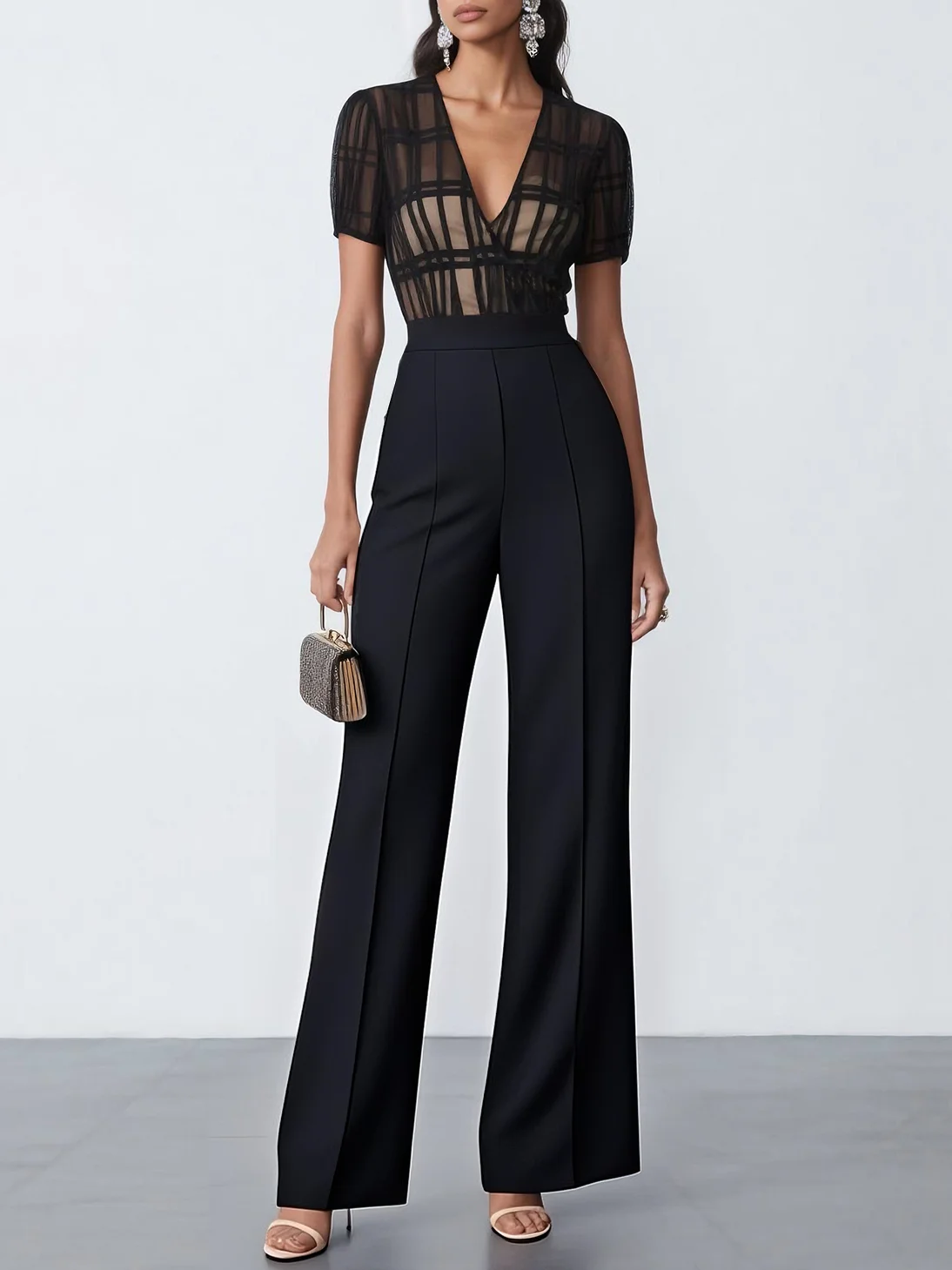 Women Black V Neck Short Sleeve Dressy Jumpsuit