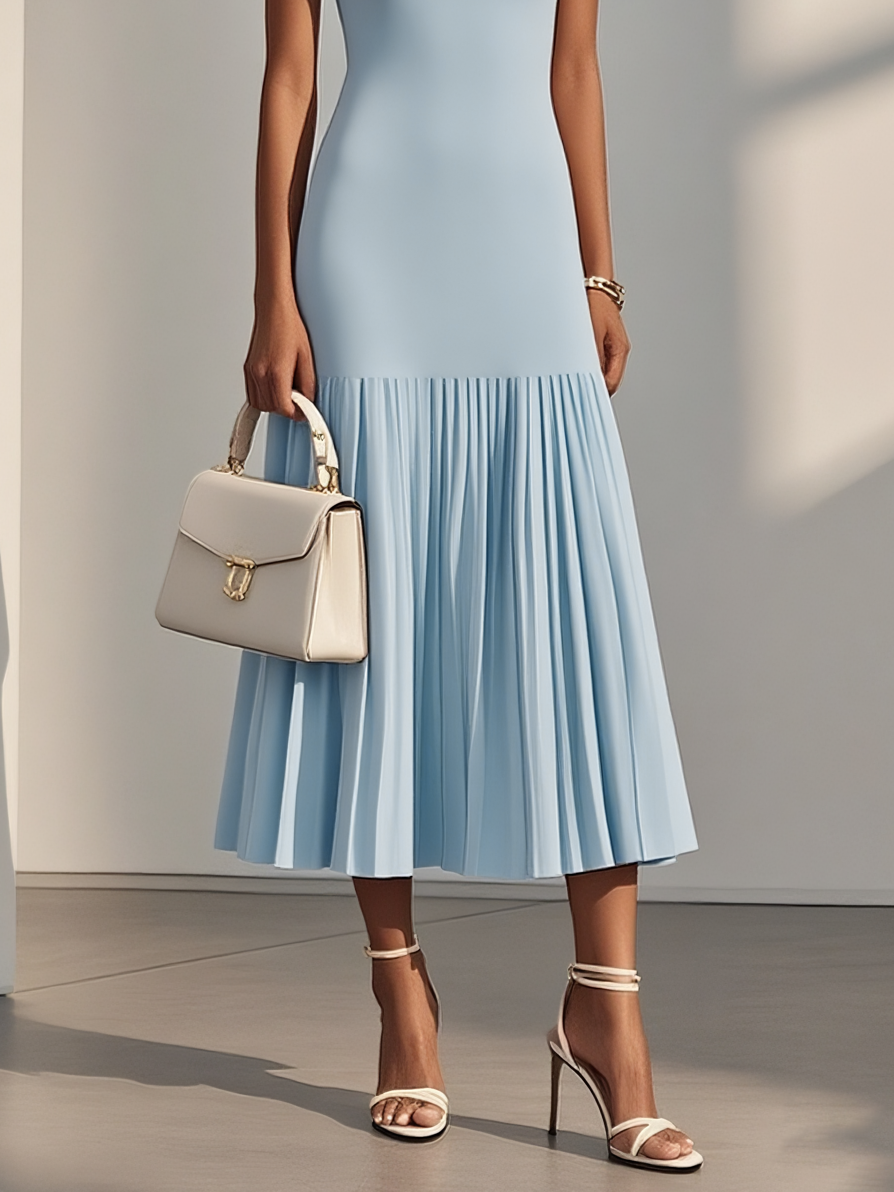 Beige Pleated Knit Crew Neck Sleeveless A-Line Midi Jersey Dress