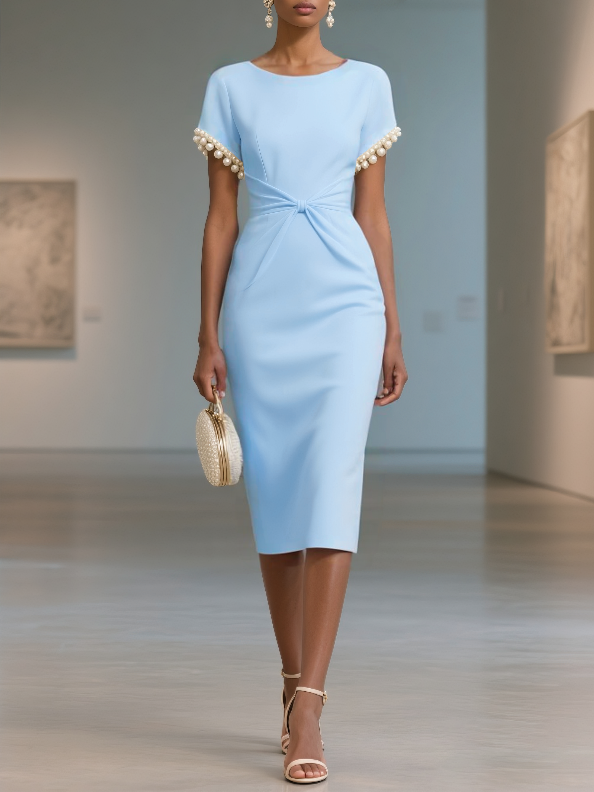 White Imitation Pearls Knot Front Classic Boat Neck Short Sleeve Sheath Midi Dress