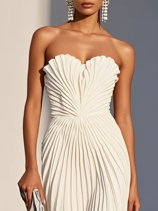 White Pleated Classic Strapless Sleeveless A-Line Maxi Dress