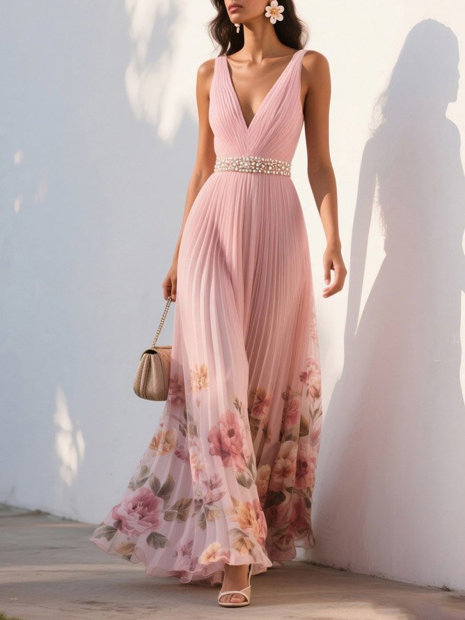 Pink Pleated Floral Deep V Neck A-Line Maxi Chiffon Dress